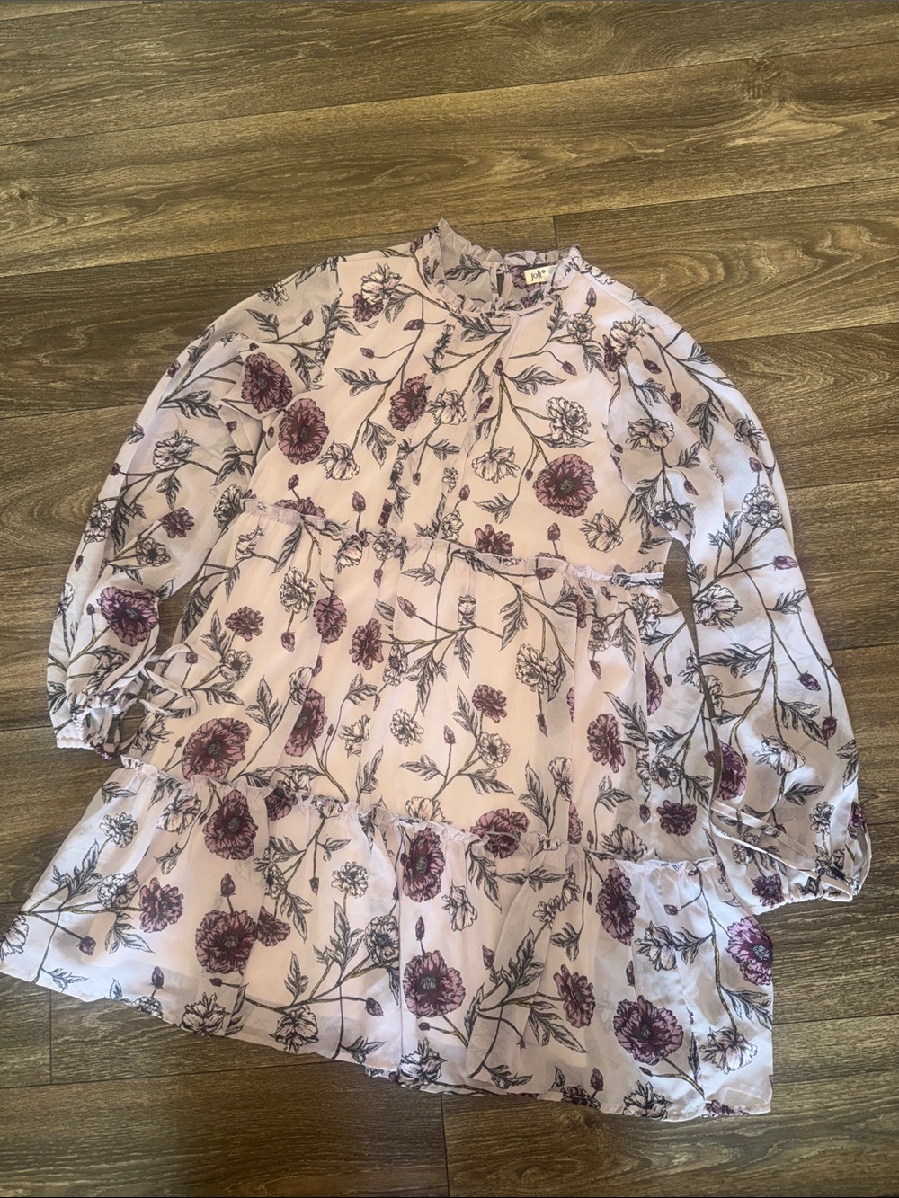 Jolt Light purple Floral Tiered sheer Long-Sleeve Dress with Plum Blooms